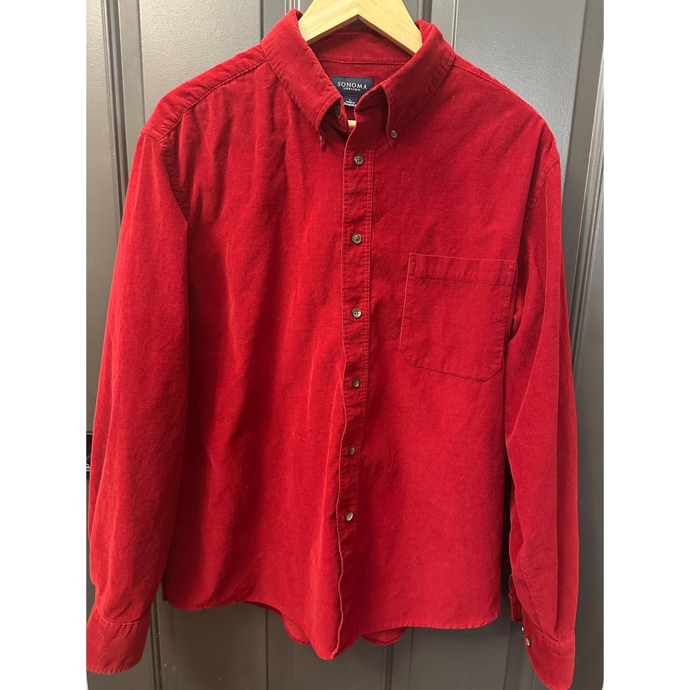 Sonoma Life Style Outdoor Mens Red Corduroy‎ Button Down Shirt Long Sleeve Large